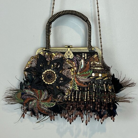 Chicos Boho Purse Beaded Feathers Flowers Whimsical Woodsy Fairy Romantic Sequin - Picture 1 of 15